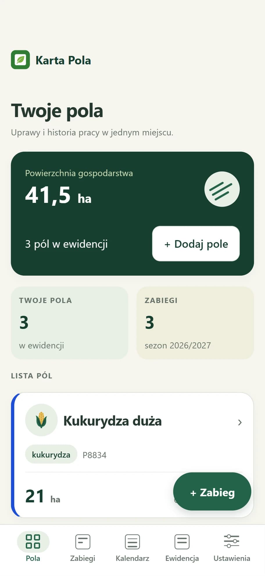 Karta Pola, ekran aplikacji